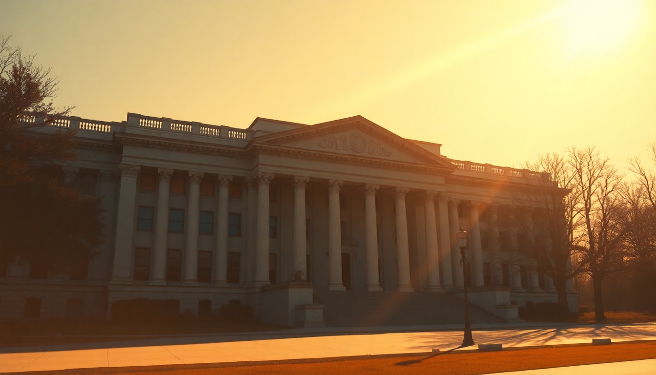 A serene, cinematic painting of a government building in Washington, D.C. with warm sunlight and deep shadows, conveying a sense of political transition and economic uncertainty.