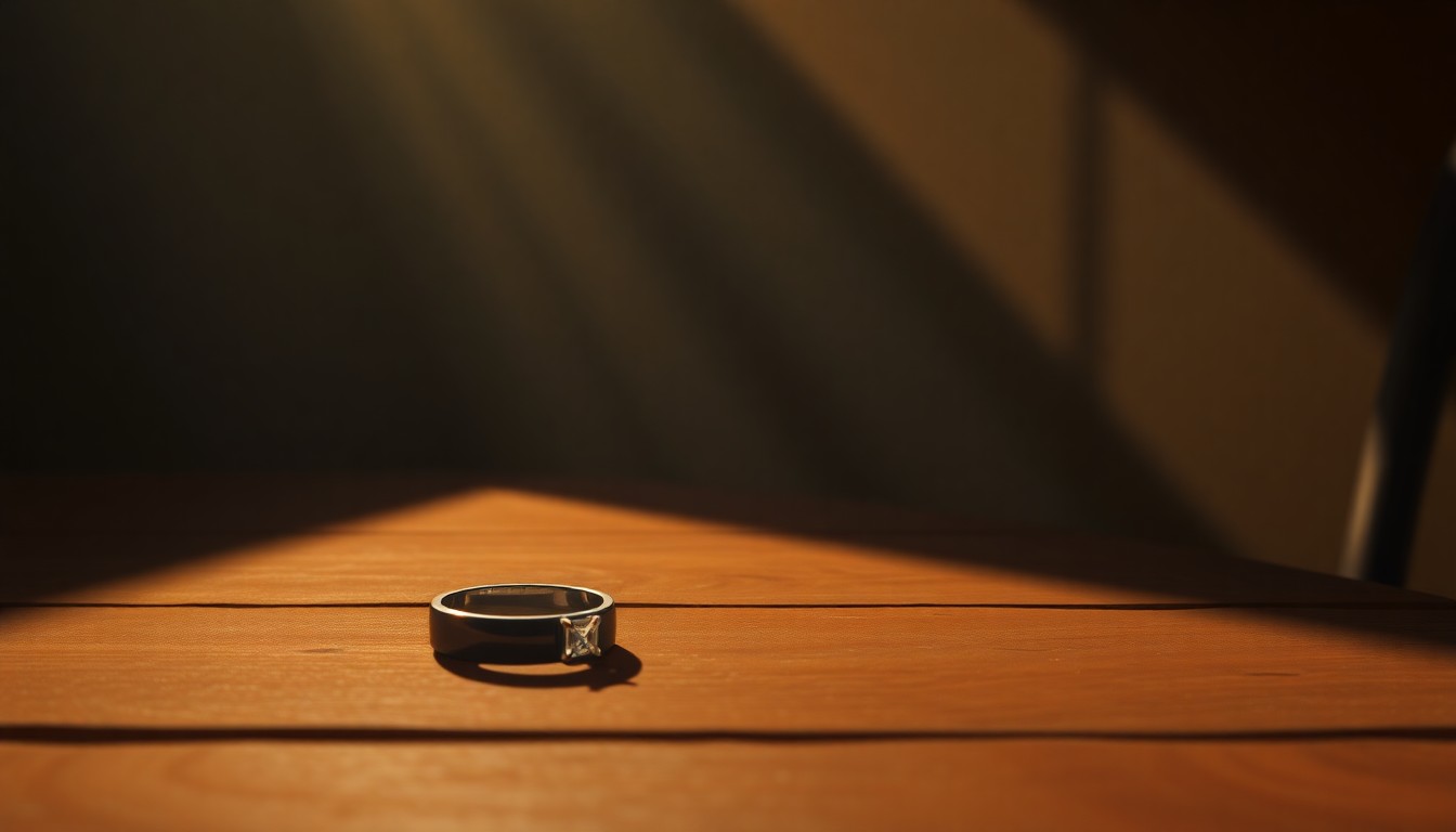 A close-up view of a diamond ring resting on a wooden table, the ring's reflection creating a sense of depth and the warm lighting evoking a nostalgic, cinematic mood, conceptually representing the ethical issues surrounding a government official's involvement with the jewelry industry.