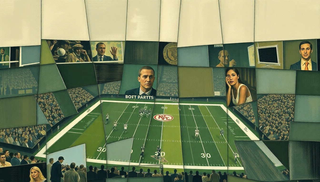 A cubist, geometric painting depicting fragmented, overlapping shapes and planes in muted earth tones, representing the strategic complexities and multifaceted nature of the NFL owners meeting and its impact on the Giants' future.