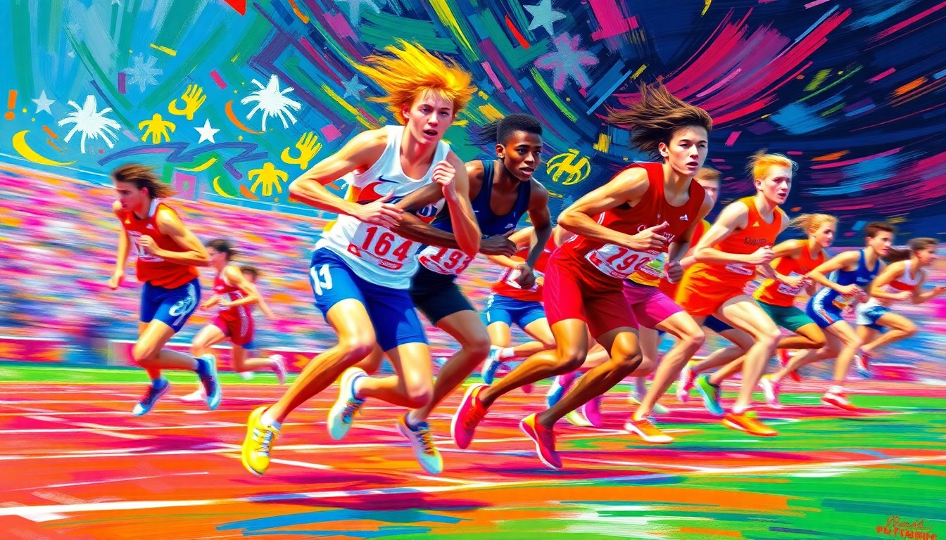 An abstract, expressionist painting in vibrant neon colors, with blurred and dissolving figures representing high school track and field athletes in motion, capturing the raw energy and speed of the competition.