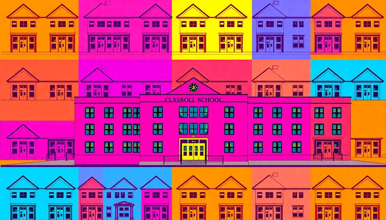 A highly stylized, silkscreen-inspired illustration featuring a single, iconic school building repeated in a tight grid pattern, rendered in a bold, neon color palette with heavy black outlines, conceptually representing the transformative campus swap between Templeton's schools.