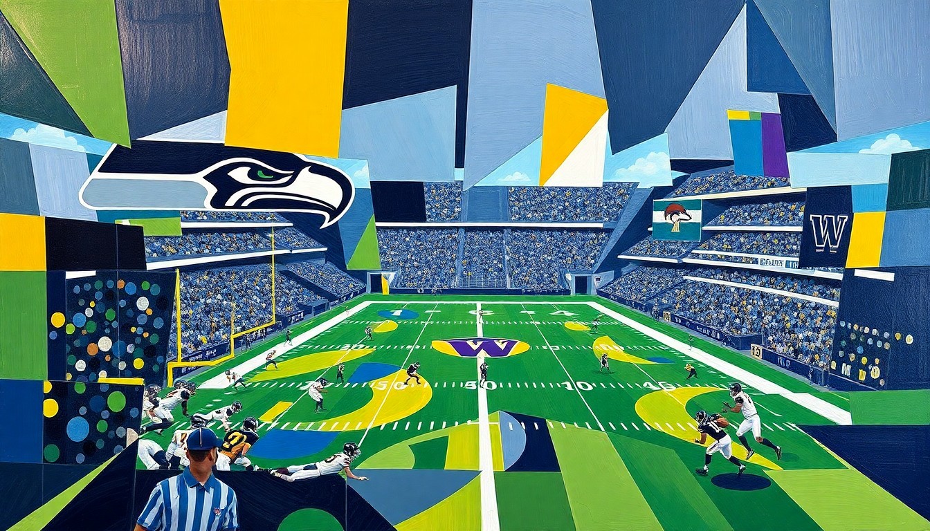 A fractured, cubist-style painting depicting a football game, with sharp geometric shapes and planes in the team colors of the Seattle Seahawks and University of Washington Huskies, conceptually representing the blending of college and pro coaching styles.