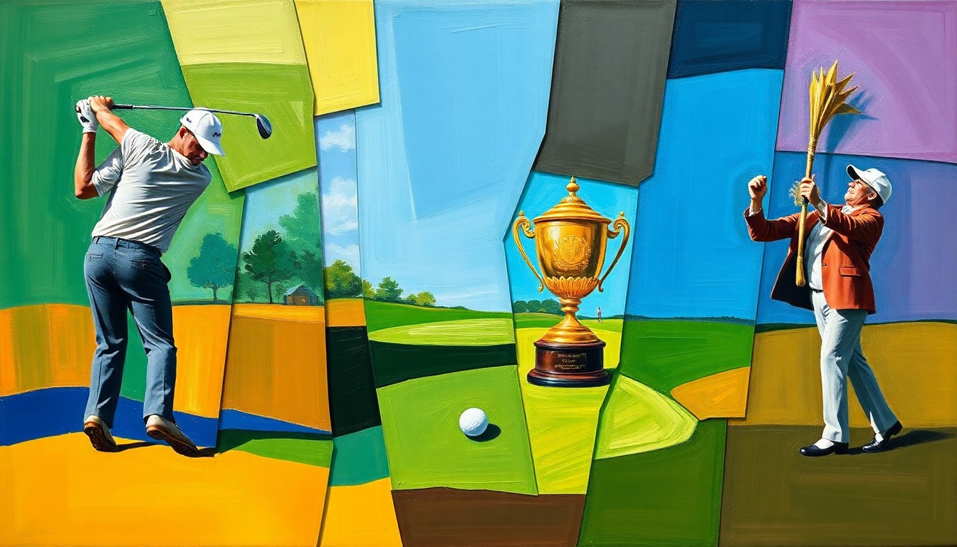 A cubist, geometric painting depicting a golfer's swing, the final putt, and the trophy celebration, all broken down into sharp, overlapping planes of color.