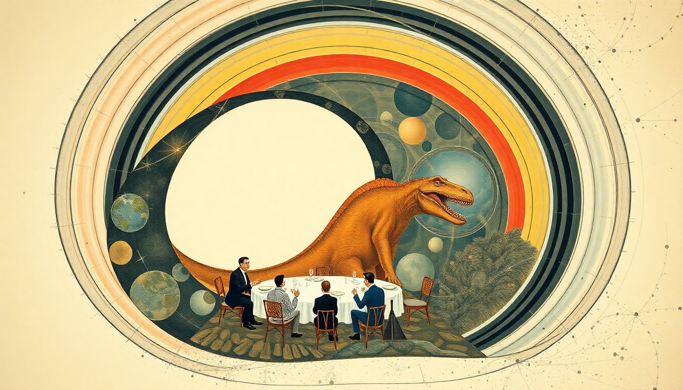 An abstract, highly structured painting in soft, flat colors depicting sweeping geometric arcs, concentric circles, and precise spirals, representing the structural order of the universe and the unique dining experience inside a giant dinosaur sculpture.