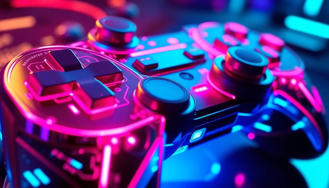 A highly detailed, glowing 3D macro illustration of a futuristic game controller or other gaming hardware, with neon cyan and magenta lights illuminating the intricate cybernetic components, conceptually representing the intersection of human creativity and digital innovation in the gaming industry.