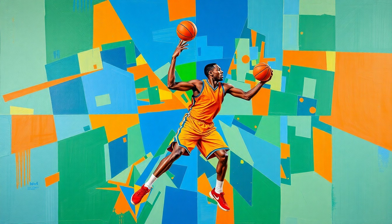 A cubist-style painting depicting a basketball player's movements broken down into sharp, geometric shapes and planes in vibrant colors, conceptually representing the complexities of Collin Chandler's transfer decision.