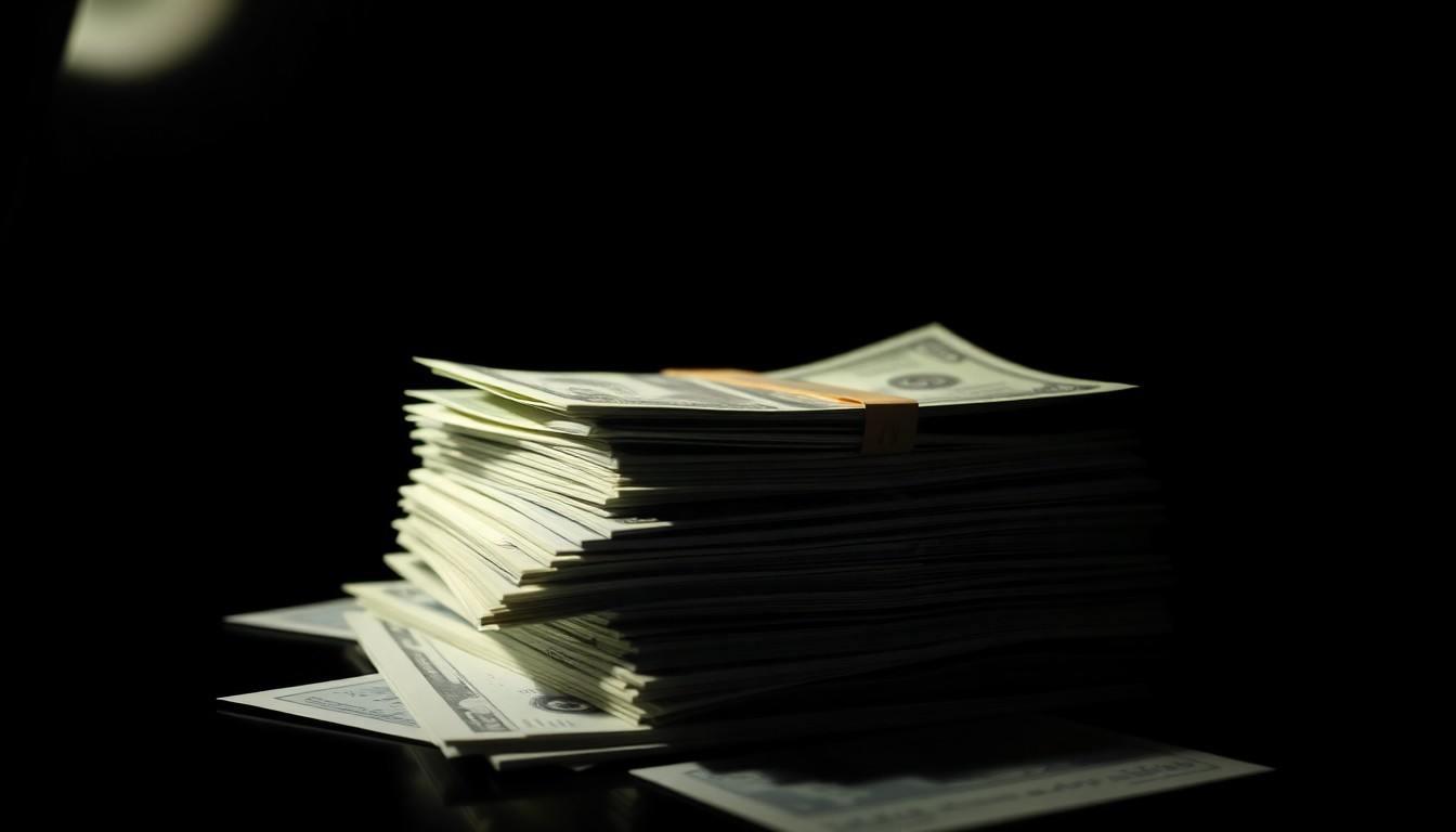 An extreme close-up photograph of a stack of cash and financial documents, lit by a harsh, direct camera flash against a pitch-black background, conceptually representing the financial misconduct at the heart of the corruption case.