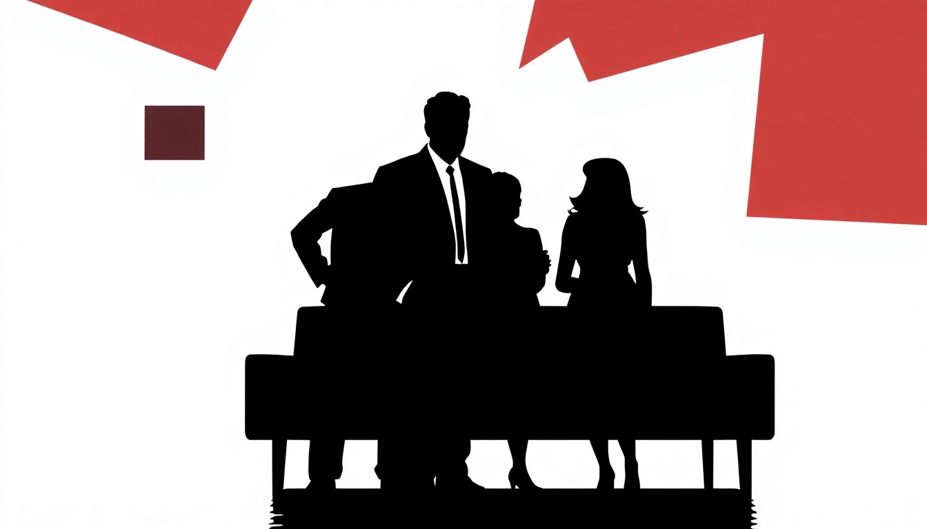 An abstract, minimalist illustration featuring stark black silhouettes of characters against a high-contrast red and white background, conceptually representing the iconic TV show Friends and the influence of the supporting character Eddie Menuek.