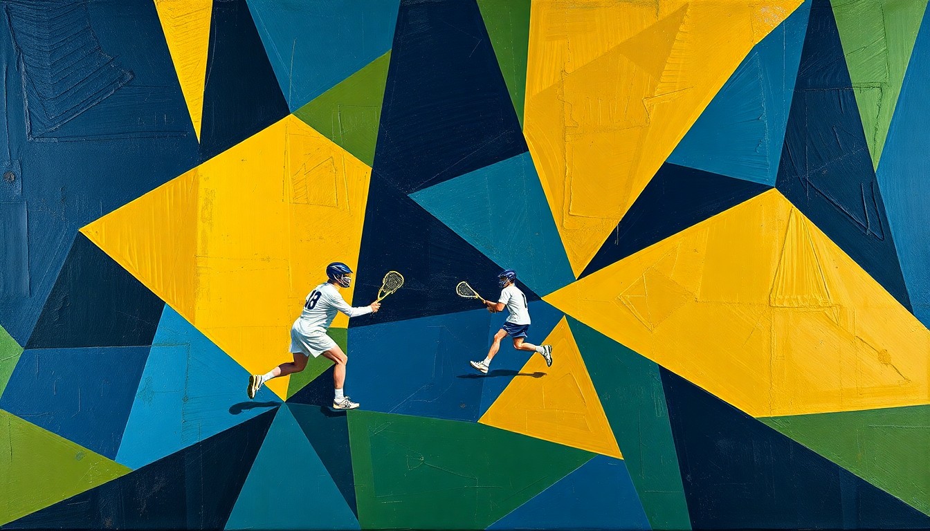 A cubist-style painting featuring sharp, overlapping geometric planes of navy blue, gold, and olive green, conceptually representing the intensity and competition of a lacrosse match between Army and Navy.