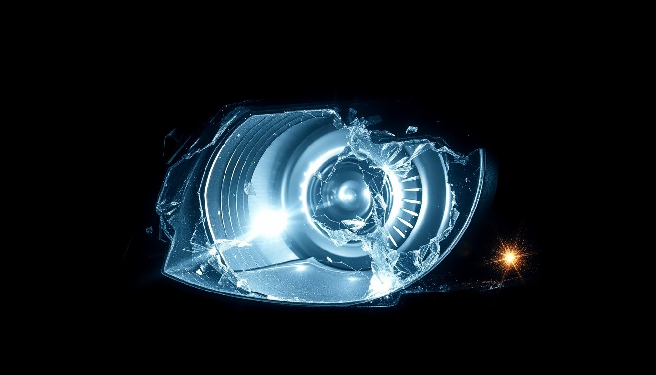 An extreme close-up photograph of a shattered car headlight lens against a pitch-black background, lit by a harsh, direct camera flash, conceptually representing the aftermath of a serious car crash.