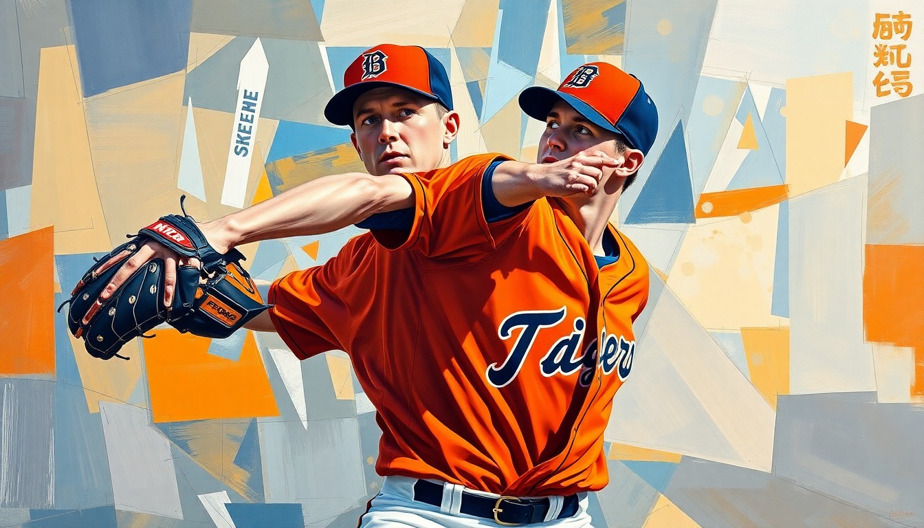 A cubist-style painting depicting a baseball pitcher's motion broken down into sharp, overlapping geometric shapes in vibrant orange and navy blue colors, conceptually representing the constant movement and adaptation in professional baseball.
