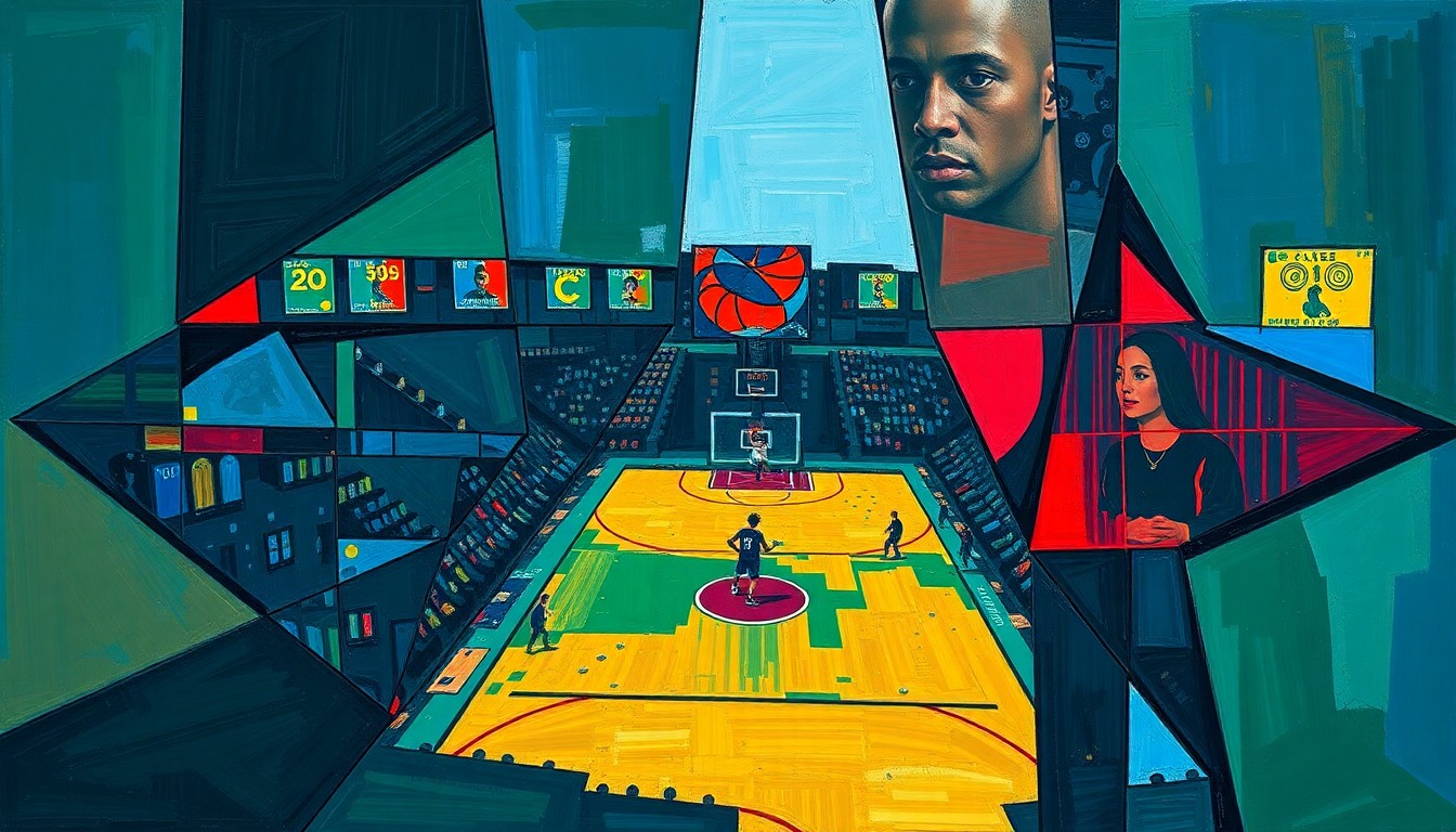 A fragmented, cubist-style painting depicting a college basketball game or tournament, with the action broken down into sharp, overlapping geometric shapes and planes in a palette of deep blues, greens, and reds, conveying the complexity and chaos of the current state of collegiate athletics.