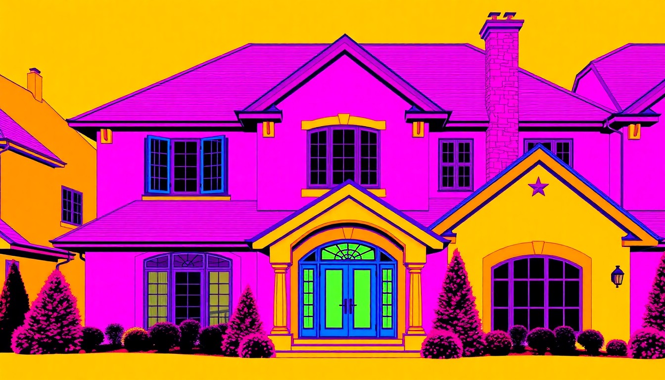 A brightly colored, high-contrast silkscreen print of a large, gabled roof and stone chimney of a luxury home, repeated in a tight grid pattern in vibrant neon colors with heavy black outlines, conceptually representing the modern, pop art-inspired design of a custom-built Richmond residence.