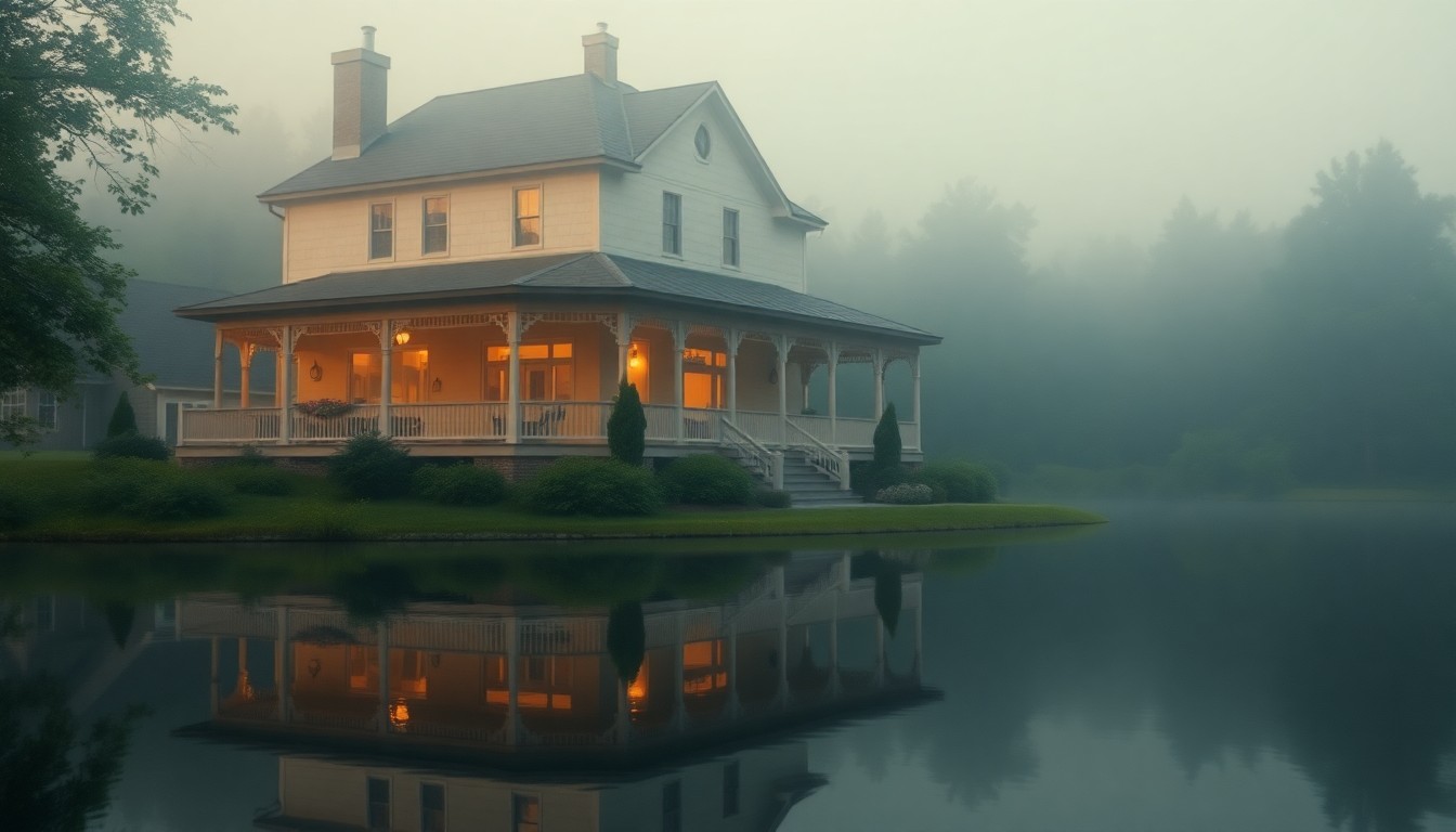 An extremely abstracted, out-of-focus photograph of a large, two-story home surrounded by greenery and reflecting in the still waters of a nearby lake, creating a soft, dreamlike atmosphere.