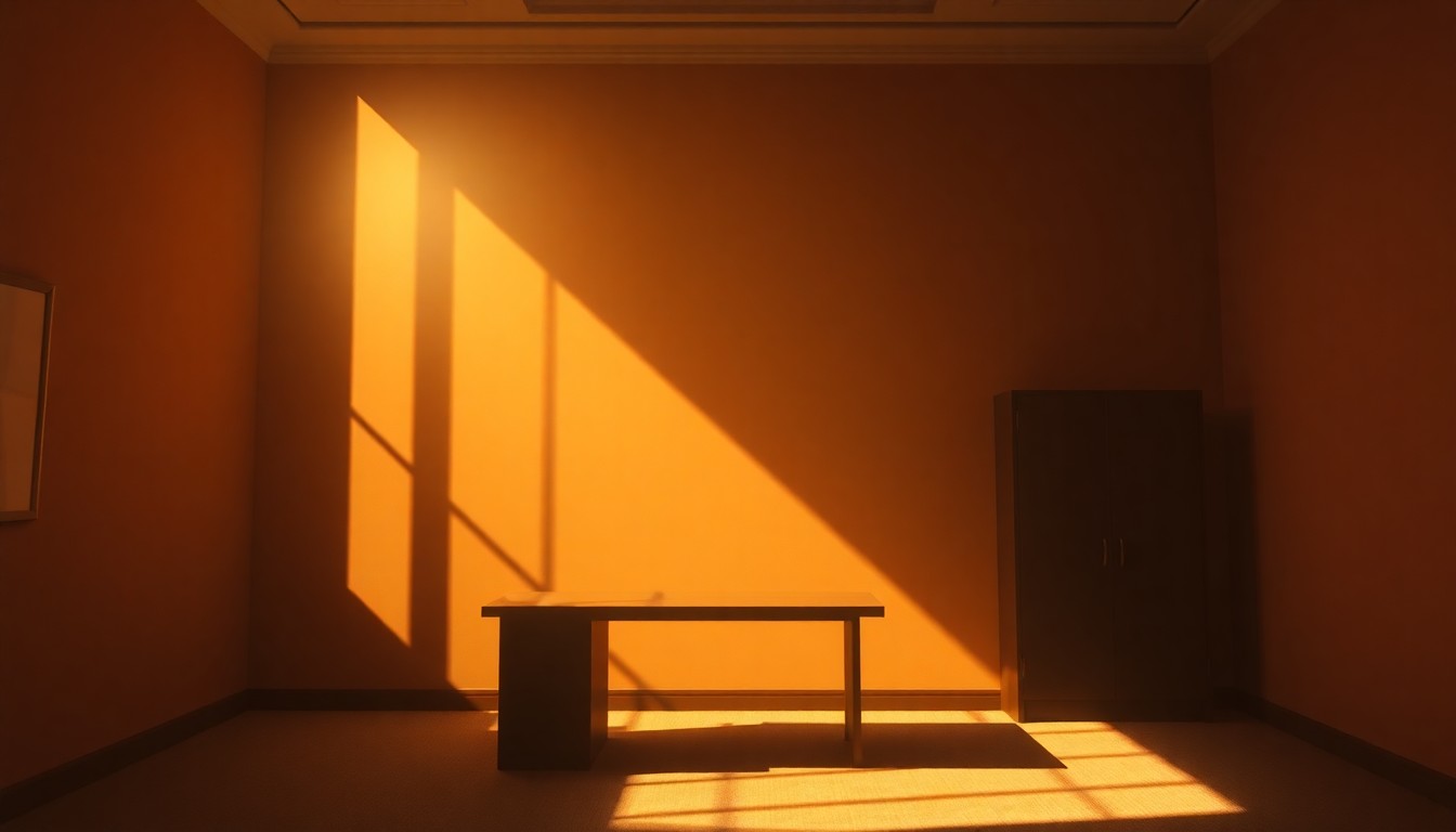 A dimly lit, cinematic painting of an empty political office space, with warm light streaming in through a window and deep shadows casting a contemplative mood, conceptually representing the tensions between personal faith and political realities.