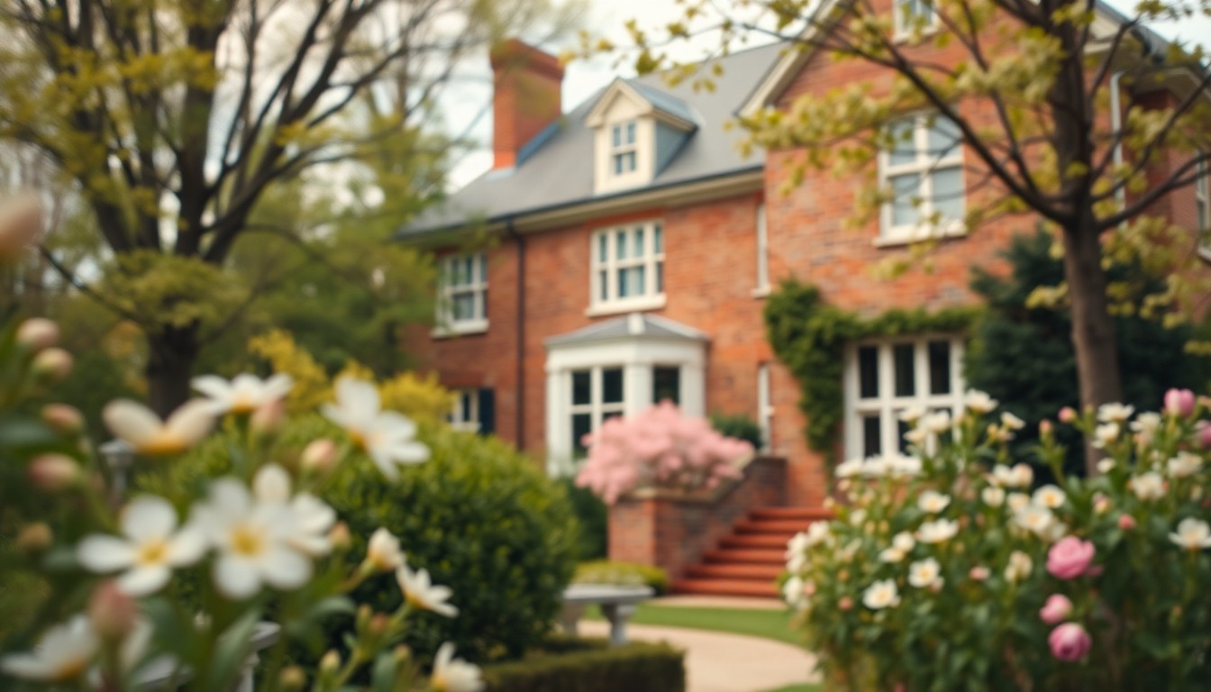 An abstract, out-of-focus photograph depicting the soft, warm glow of a brick home nestled among vibrant greenery and blooming flowers, conveying a sense of peaceful luxury.
