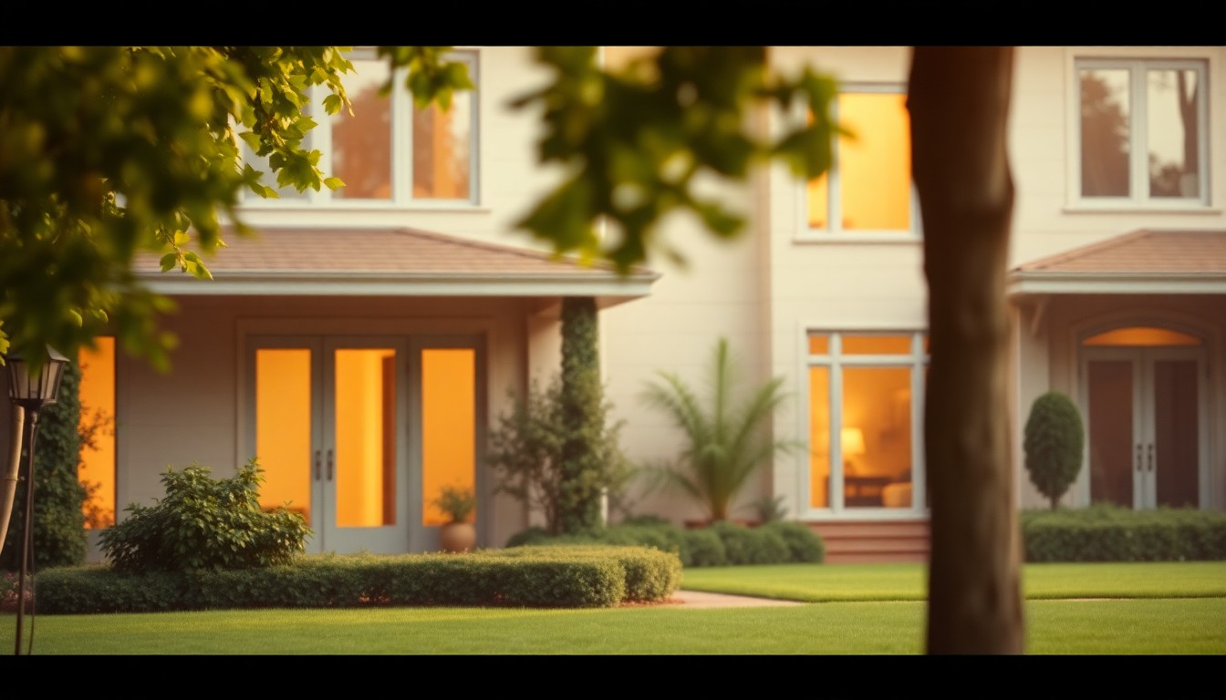 An abstract, out-of-focus photograph in soft, warm tones depicting the exterior of a modern, elegant home surrounded by lush greenery and a glimpse of a manicured lawn, conveying a sense of luxury and tranquility.