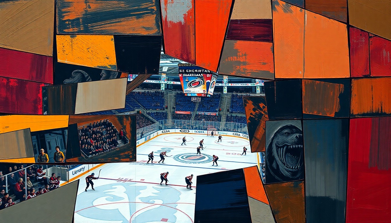 A cubist, geometric painting depicting a hockey game between the Carolina Hurricanes and Utah Mammoth, with the players and the action broken down into sharp, overlapping planes of color and shape.