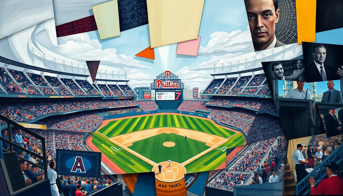 A fragmented, multi-angled painting depicting a baseball game in progress, with the players and field broken down into sharp, overlapping geometric shapes and planes in a cubist style, capturing the energy and dynamism of the Phillies' offensive outburst.