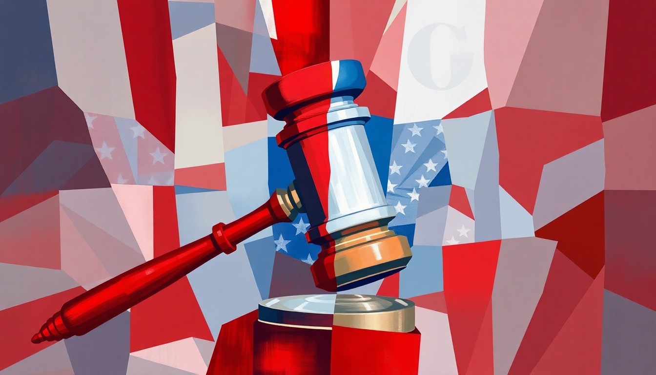 A fractured, abstract painting in red, white, and blue hues depicting a political symbol like a gavel, conveying a sense of political tension and disunity.
