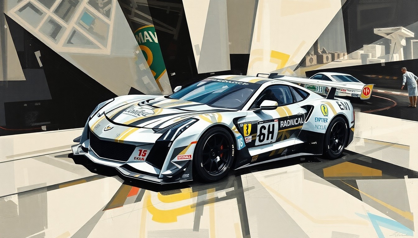 A cubist, geometric painting depicting a deconstructed Cadillac prototype race car, with sharp, overlapping planes of color and form representing the tension and drama of the technical infraction that cost the team a podium finish.