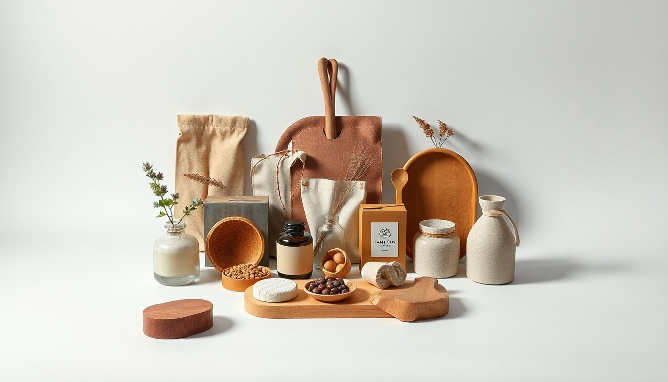 A photorealistic studio still-life featuring a collection of artisanal goods like ceramics, textiles, and wooden crafts, arranged elegantly on a clean, monochromatic background to represent the concept of a thriving local economy and community-driven entrepreneurship.