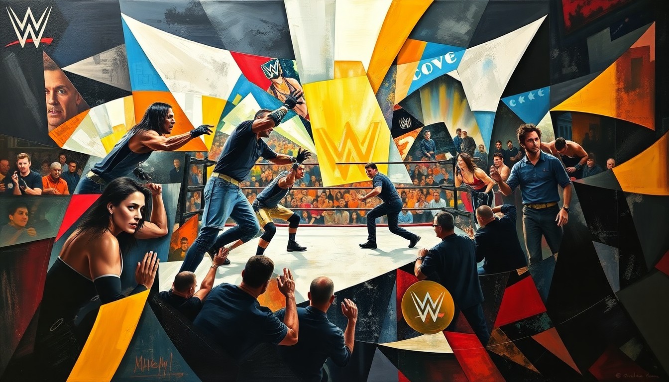 A fractured, multi-perspective painting depicting the raw energy and tension of a WWE wrestling match, with the figures and elements breaking down into abstract geometric shapes and forms.
