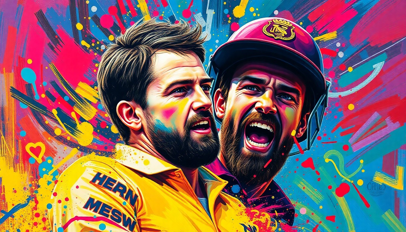 An abstract, expressionist painting in vibrant neon colors capturing the raw energy and movement of a cricket match, with the players' forms dissolving into dynamic brushstrokes.