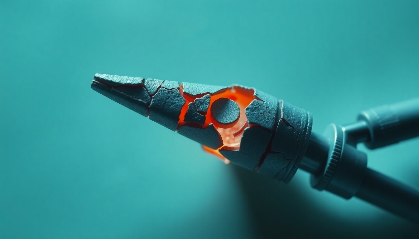 An abstract close-up image of a cracked, textured medical instrument, captured in dramatic, high-contrast lighting to convey the emotional weight of a health crisis.