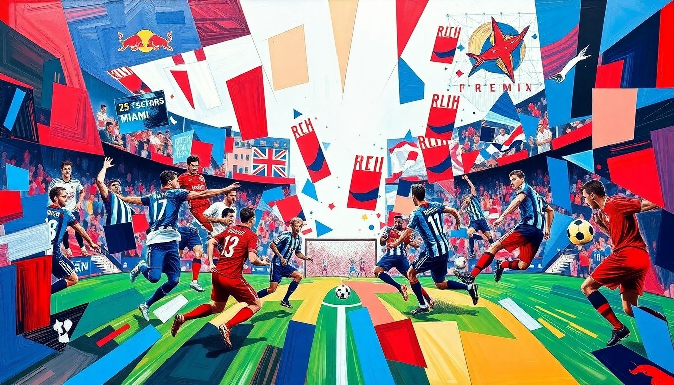A cubist, geometric painting depicting the dynamic action of a soccer match between two teams, with the players' movements and the ball's trajectory fractured into overlapping planes of vibrant colors.