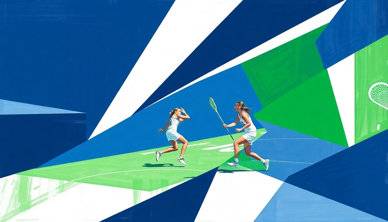 A cubist, geometric painting depicting the dynamic action of a girls lacrosse game, with overlapping planes of navy, green, and white conveying the sport's intensity and movement.