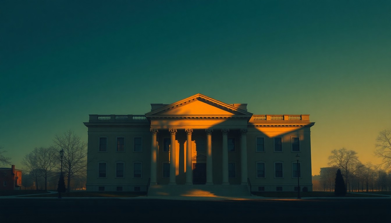 A serene, photorealistic painting of a government building or courthouse in warm, golden light, with deep shadows and a sense of quiet contemplation, conceptually representing the complex policy debates around criminal justice reform.