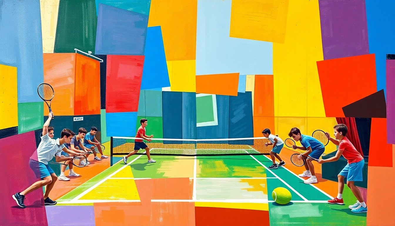 A fragmented, cubist-style painting depicting a high school tennis match, with sharp geometric shapes and planes of bright blue, red, and yellow colors representing the dynamic action and competition on the court.