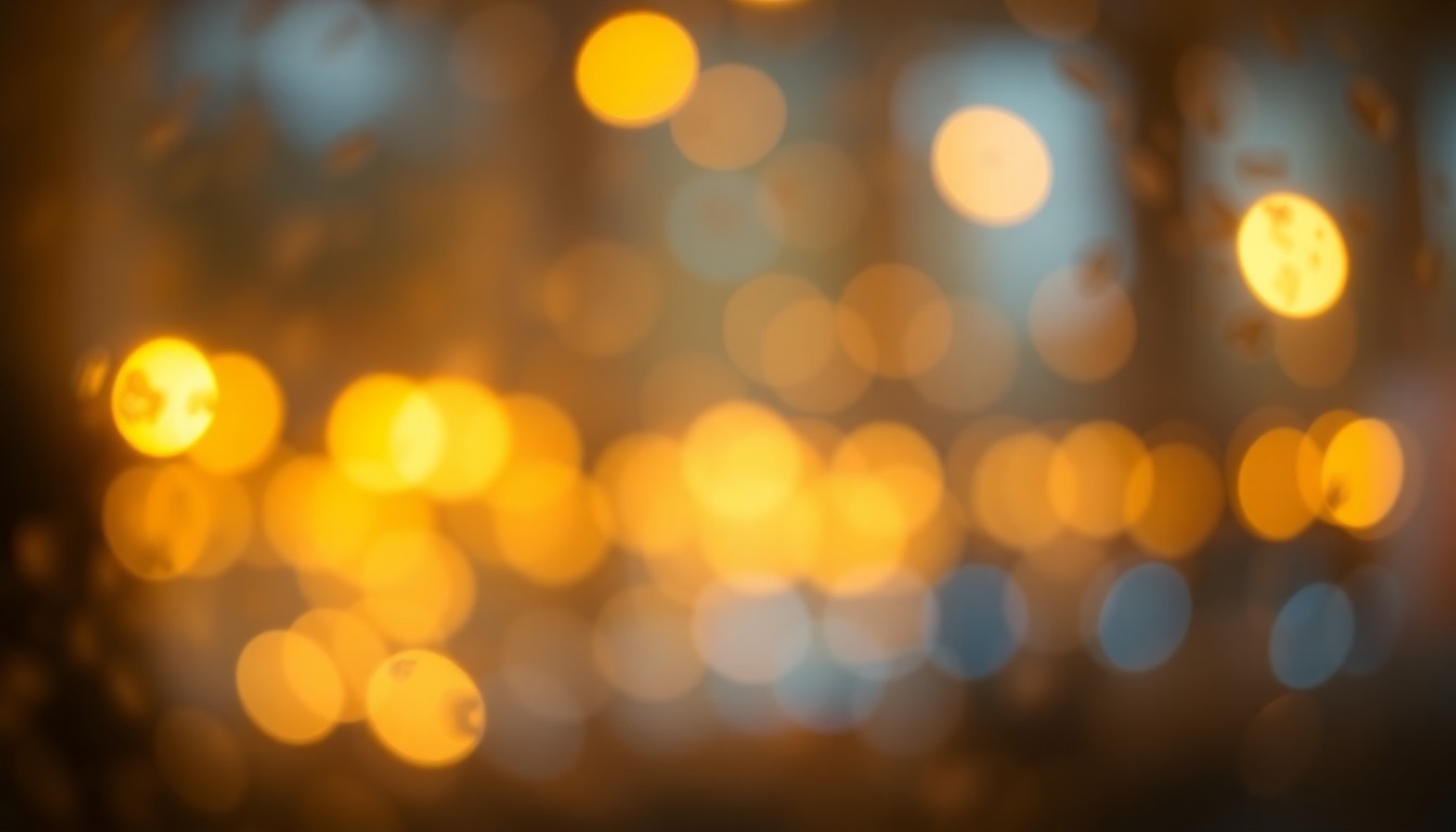 An abstract, out-of-focus scene composed of soft, warm pools of yellow, orange, and blue light, conceptually representing the intimate, cozy atmosphere of a poetry reading event.