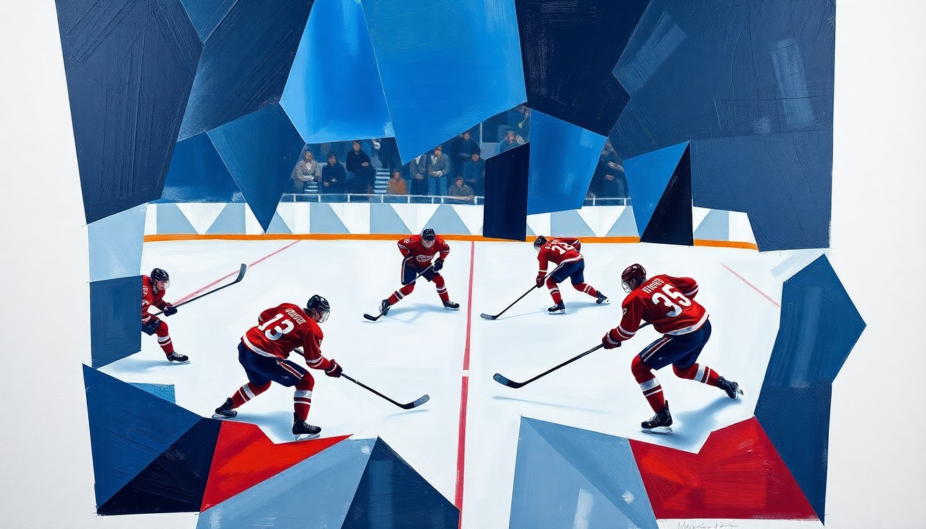A fragmented, geometric painting depicting the movements and action of a hockey game, with players and the puck represented as sharp, angular shapes in a palette of navy, crimson, and silver.