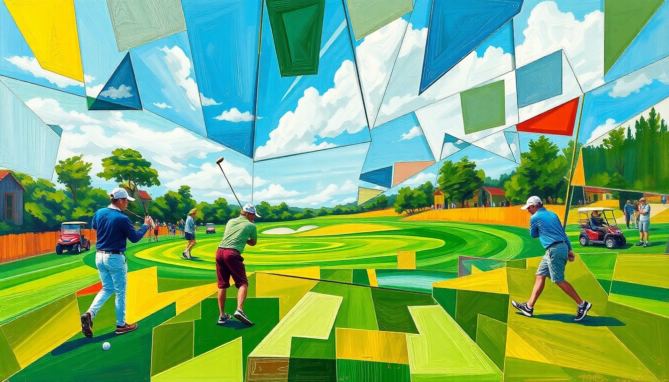 A cubist, geometric painting depicting a fragmented scene of a high school golf tournament, with overlapping shapes and angles in vibrant greens, browns, and blues representing the course and dynamic motion of the players.