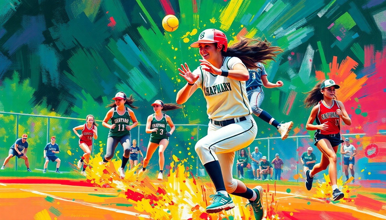 An abstract, energetic painting in neon colors depicting the dynamic movements and action of a softball game, conveying the excitement and triumph of the Chapman Lady Irish team's victory.