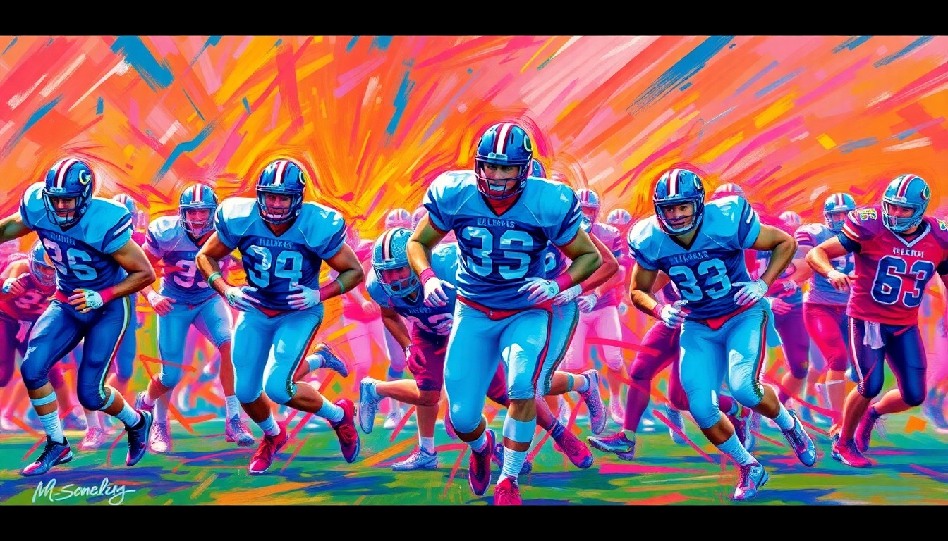 An abstract painting featuring bold, sweeping brushstrokes in neon colors, capturing the dynamic energy and intensity of a college football practice session.