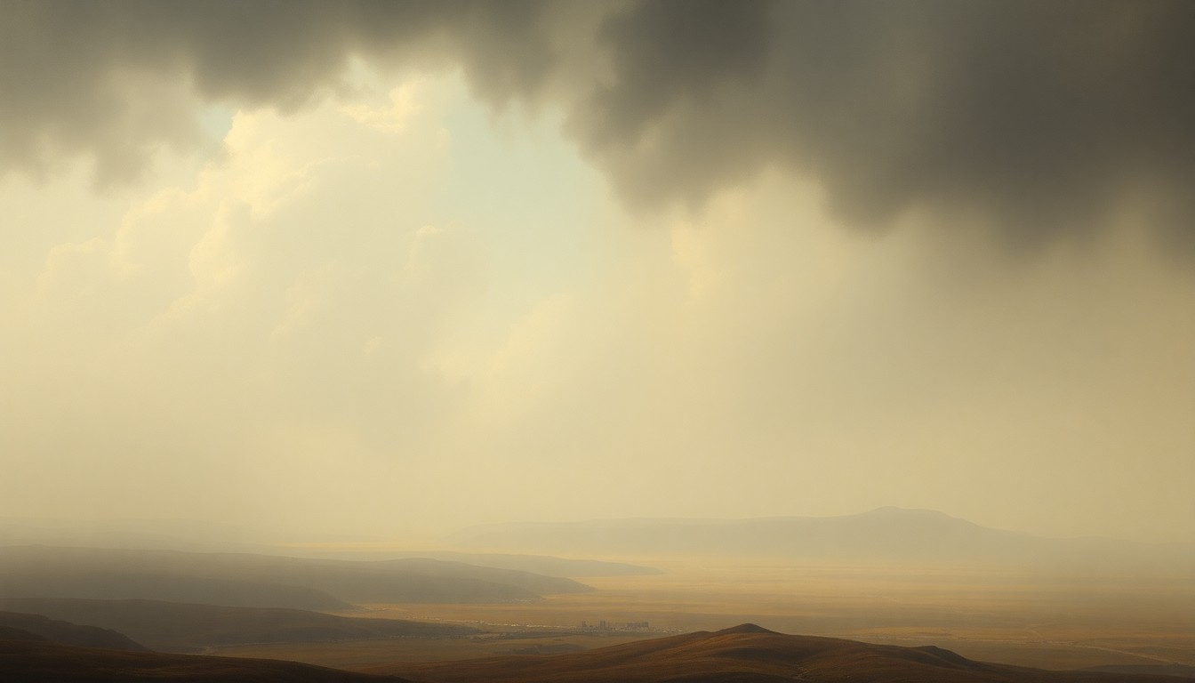 A vast, hazy landscape painting with a dramatic, moody sky and a distant horizon line, conveying the overwhelming scale and power of the natural world during an early heat wave.