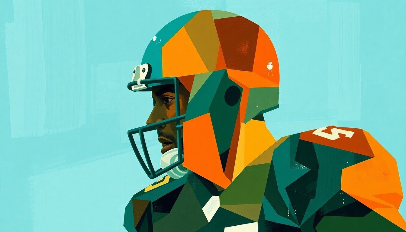 A fragmented, cubist-style painting depicting the silhouette of a football player broken down into sharp, overlapping geometric shapes in a palette of aqua, orange, and green, conceptually representing the complexities behind a star player's exit from a team.