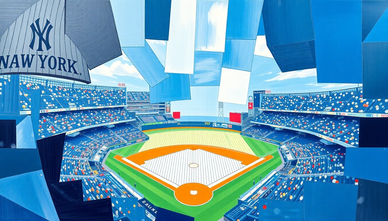 A fragmented, geometric painting depicting a baseball game in progress, with overlapping shapes and planes in navy, gray, and white colors representing the competing teams and players.