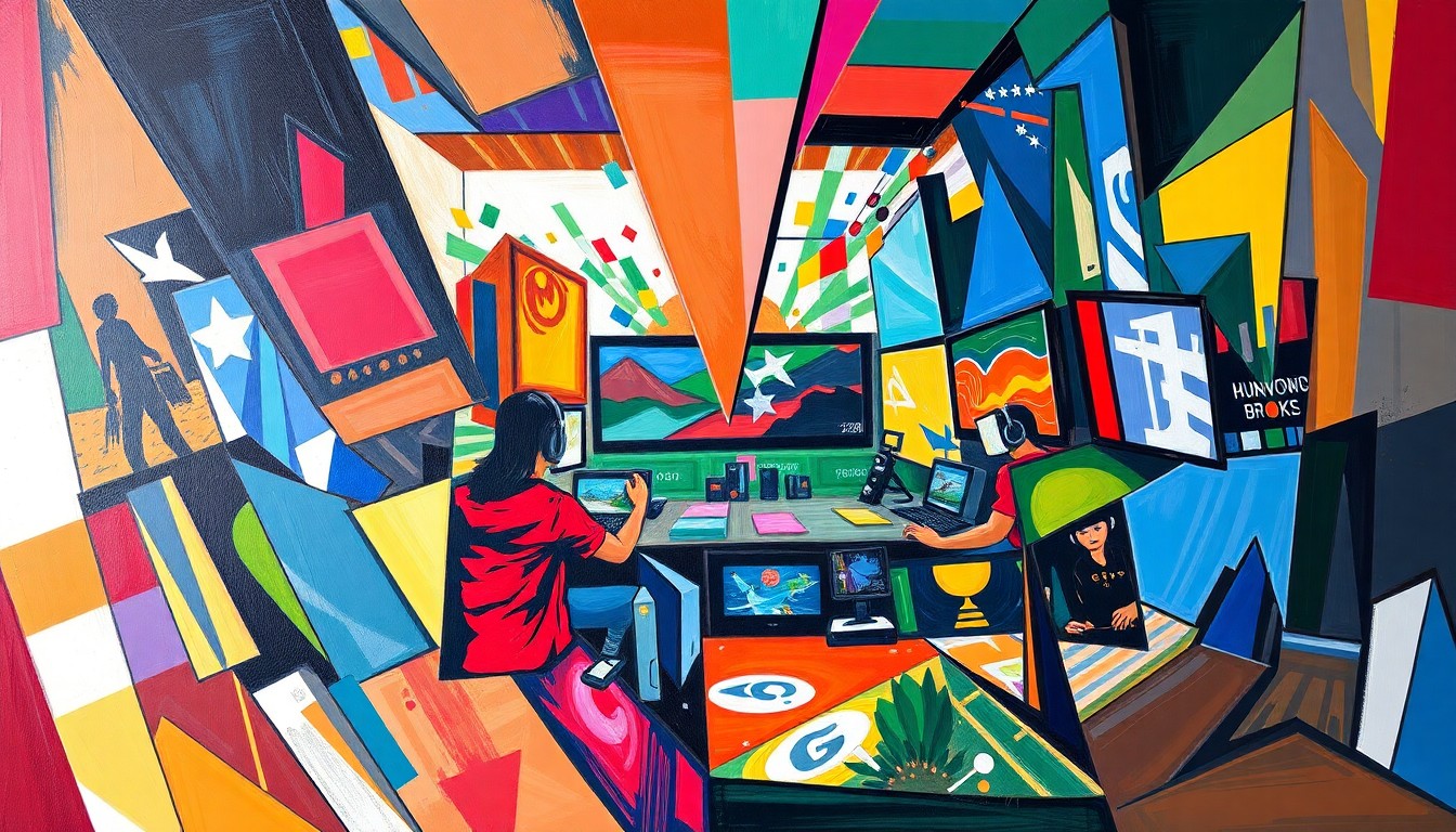 A fractured, geometric painting depicting an esports competition, with sharp, overlapping planes of color representing the two teams in action.