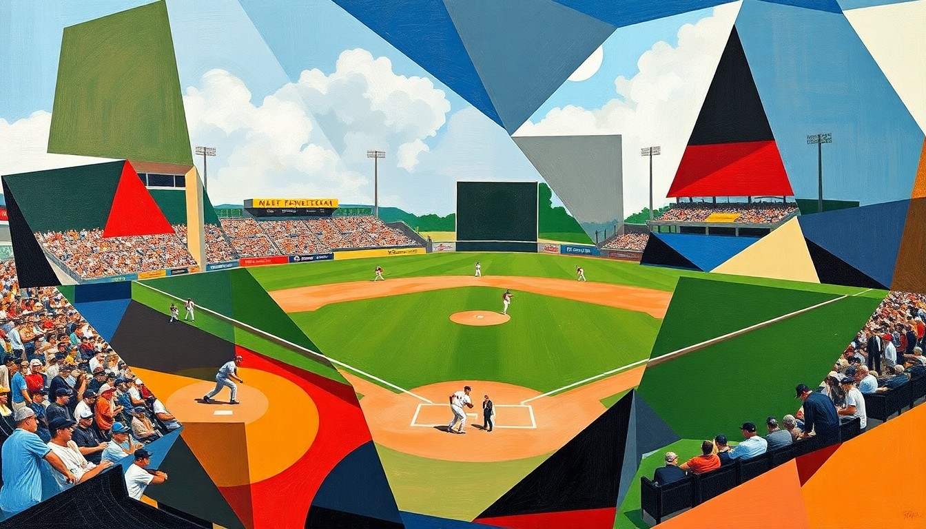 A fractured, multi-perspective painting in a cubist style, breaking down a college baseball game into sharp, overlapping geometric planes of color and form, abstracting the players and field into dynamic, angular shapes.