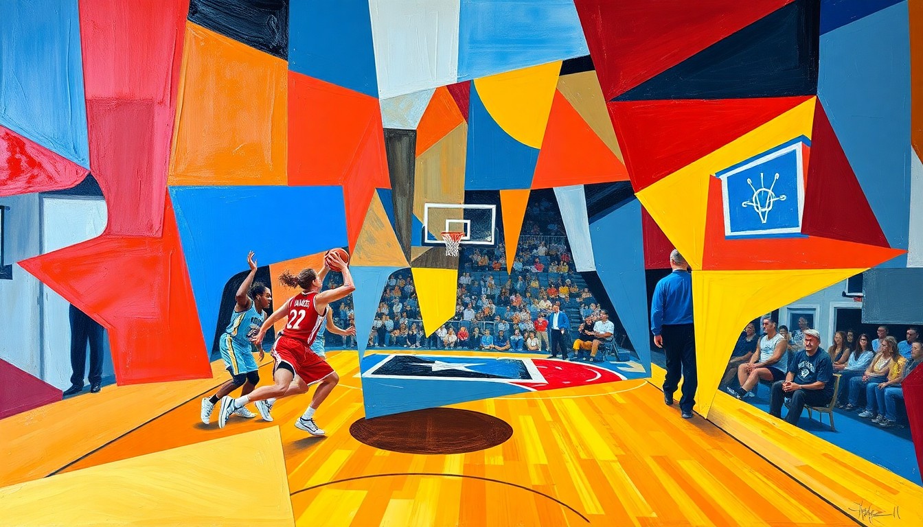 A cubist, geometric painting depicting a WNBA basketball game in motion, with the court, players, and ball broken down into sharp, overlapping planes of vibrant red, blue, and yellow colors.