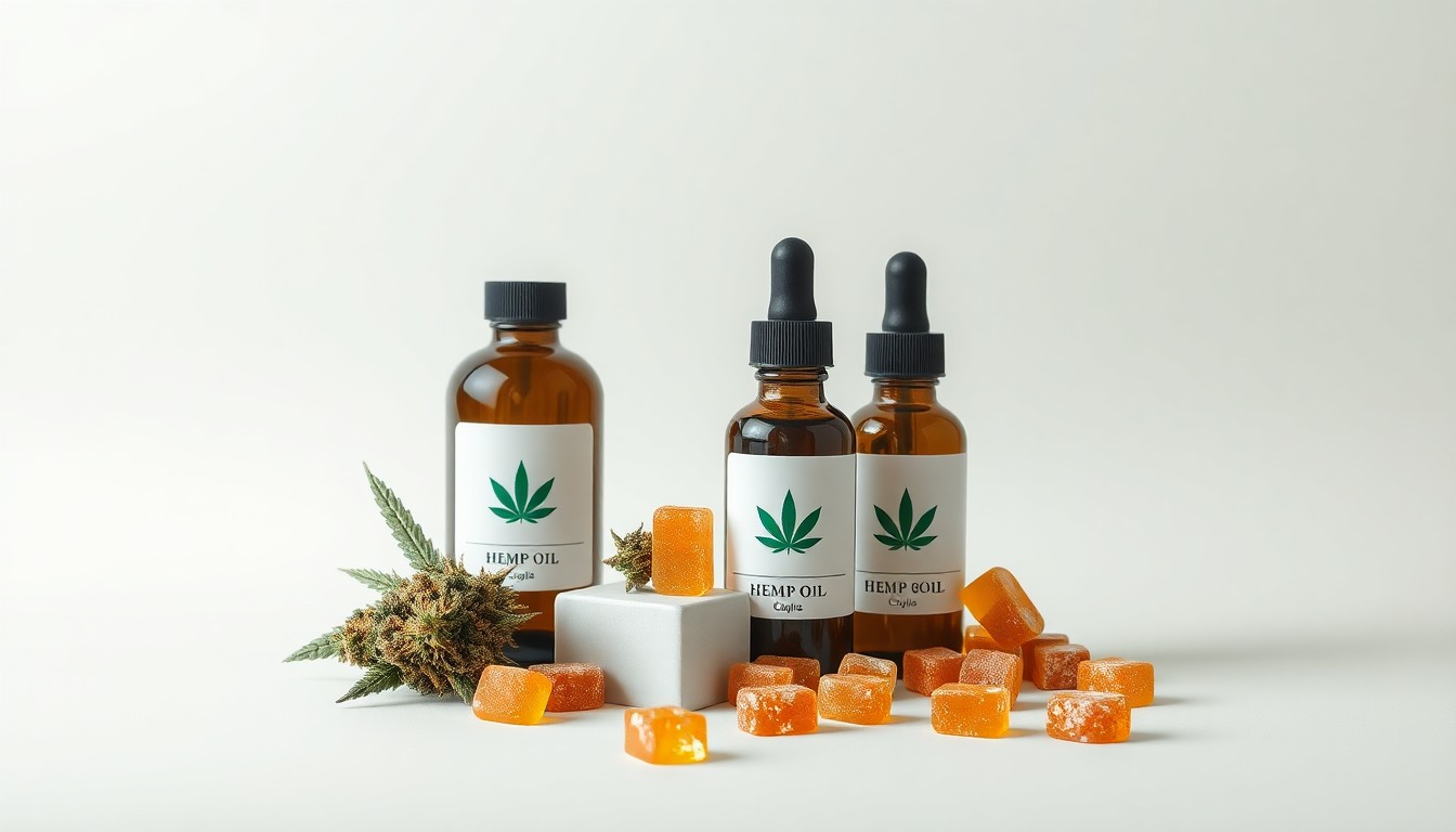 A high-end, photorealistic studio still-life photograph featuring a collection of premium hemp flower buds, hemp oil tincture bottles, and hemp-derived CBD gummies arranged elegantly on a clean, monochromatic seamless background, conceptually representing the abstract corporate strategy and regulatory challenges facing the Texas hemp industry.
