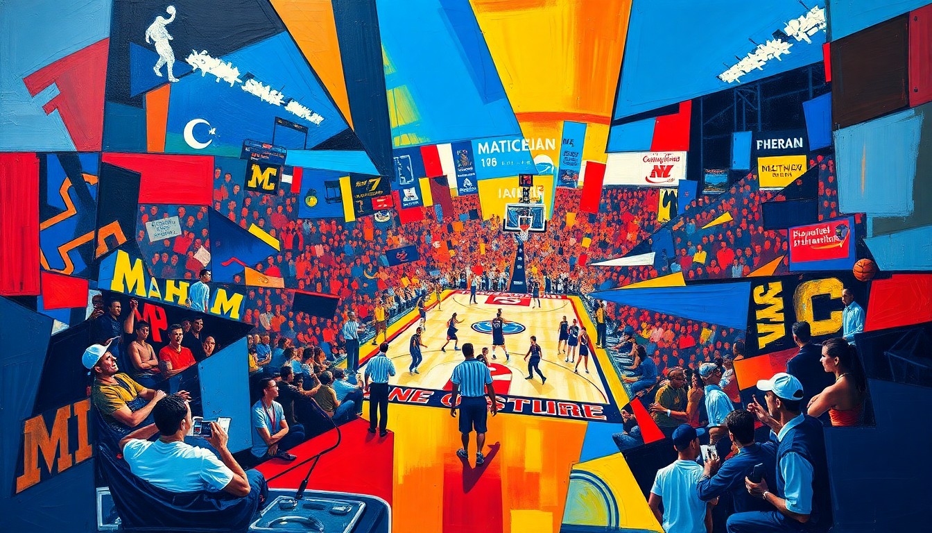 A fractured, multi-perspective painting featuring sharp, overlapping geometric planes in vibrant shades of blue, maize, and red, conceptually representing the energy and excitement of a basketball championship celebration.