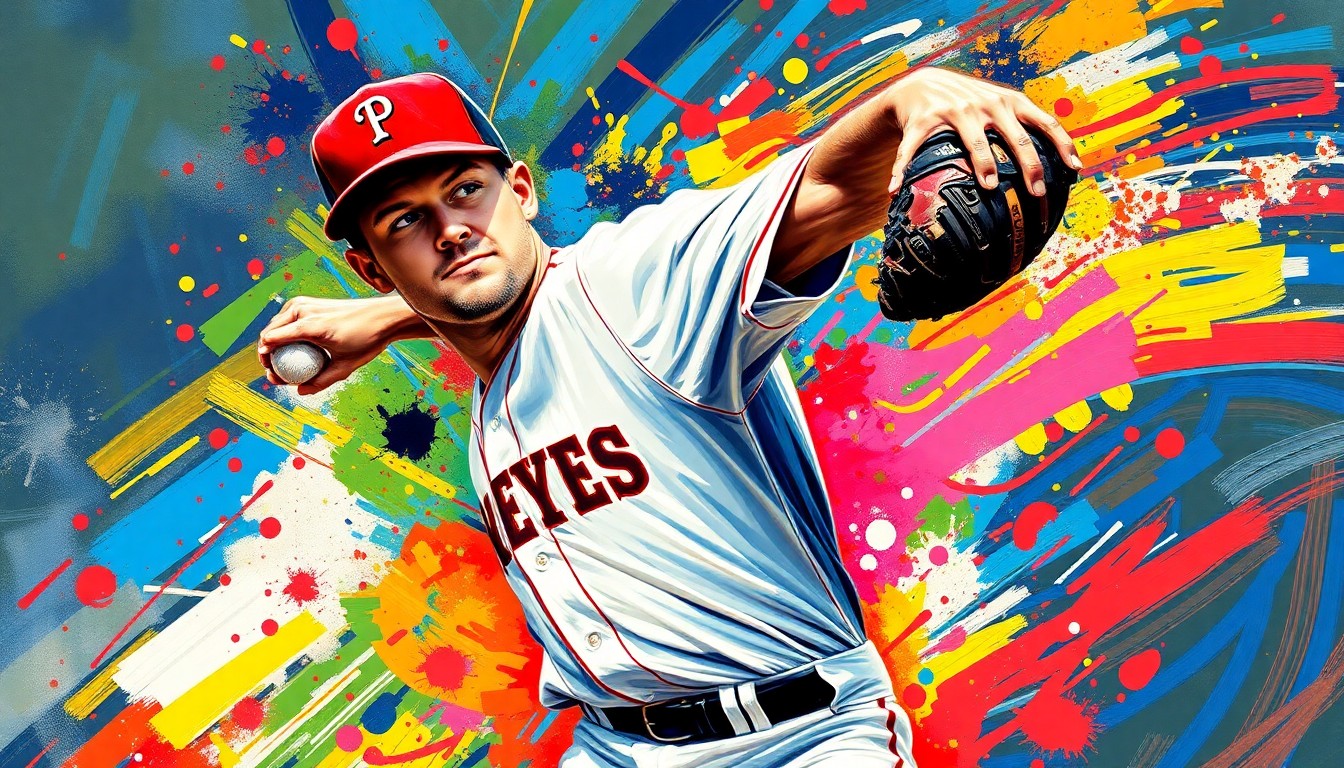 A dynamic, abstract painting in neon colors depicting the powerful pitching motion of a baseball player, with the player's face and uniform details blurred into vibrant brushstrokes.