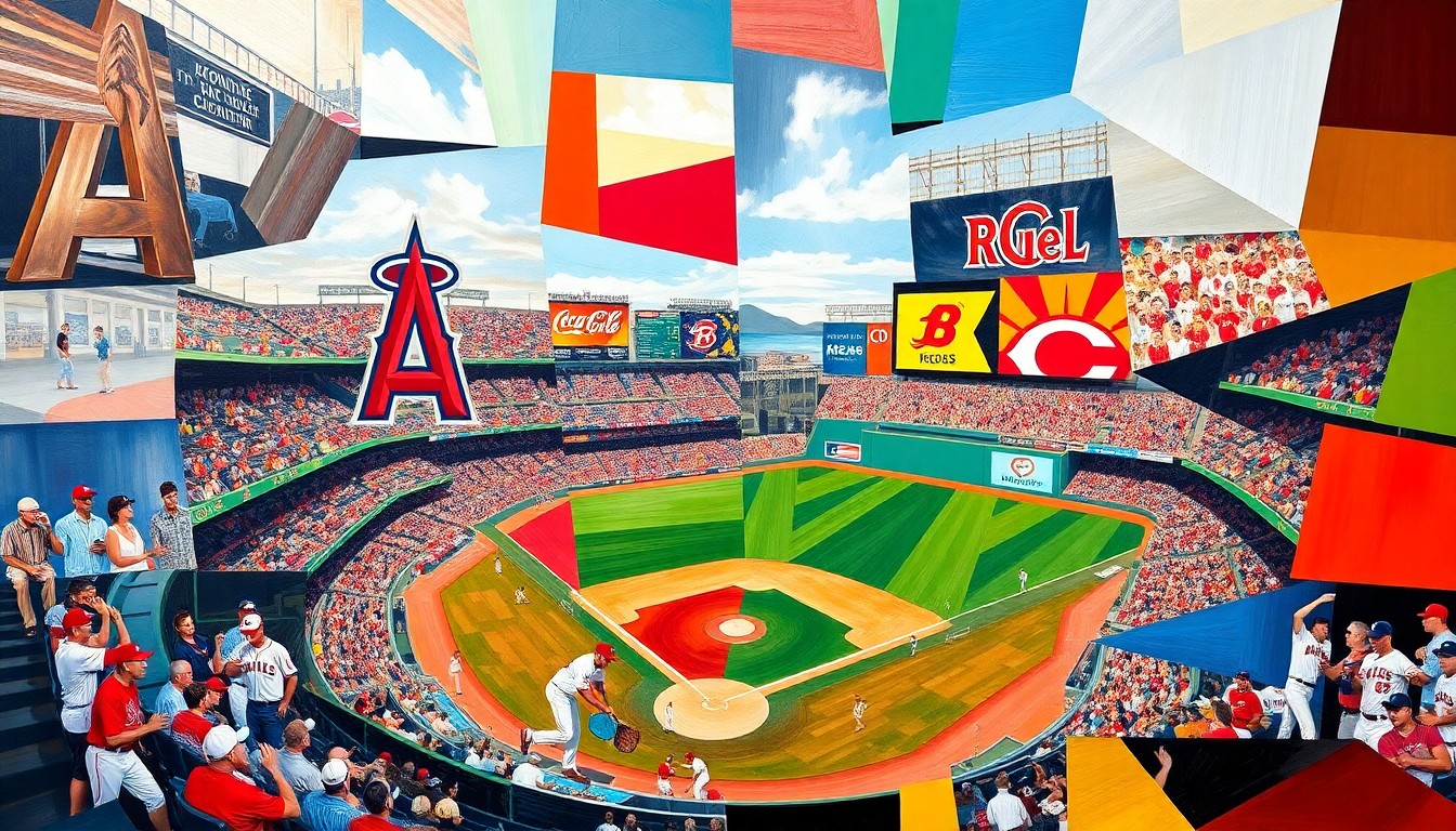 A colorful, abstract painting depicting a baseball game between two teams, with the players and field broken down into sharp, overlapping geometric shapes and planes, creating a dynamic and visually striking composition.