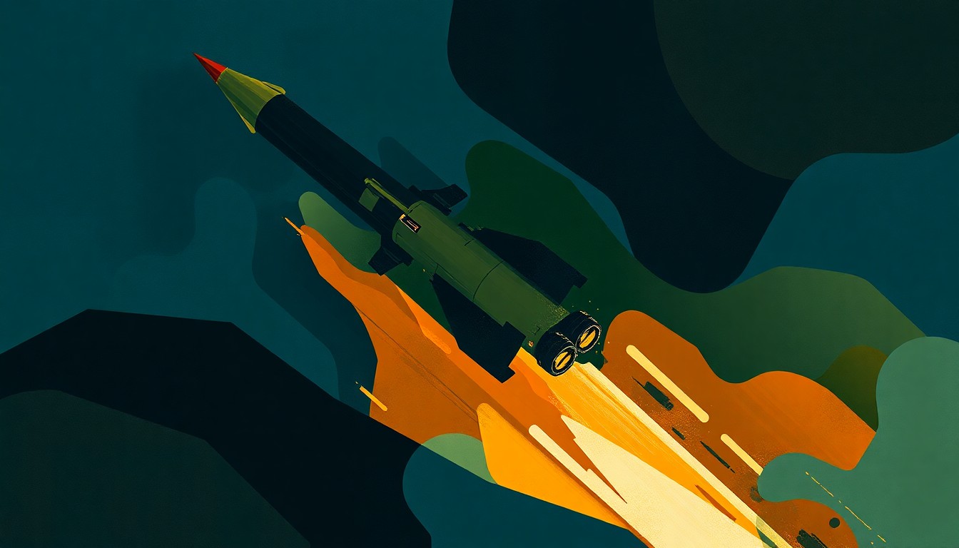 A dynamic, abstract painting featuring overlapping, fractured shapes in shades of blue, green, and orange, conceptually representing the geopolitical tensions surrounding a potential Chinese weapons transfer to Iran.