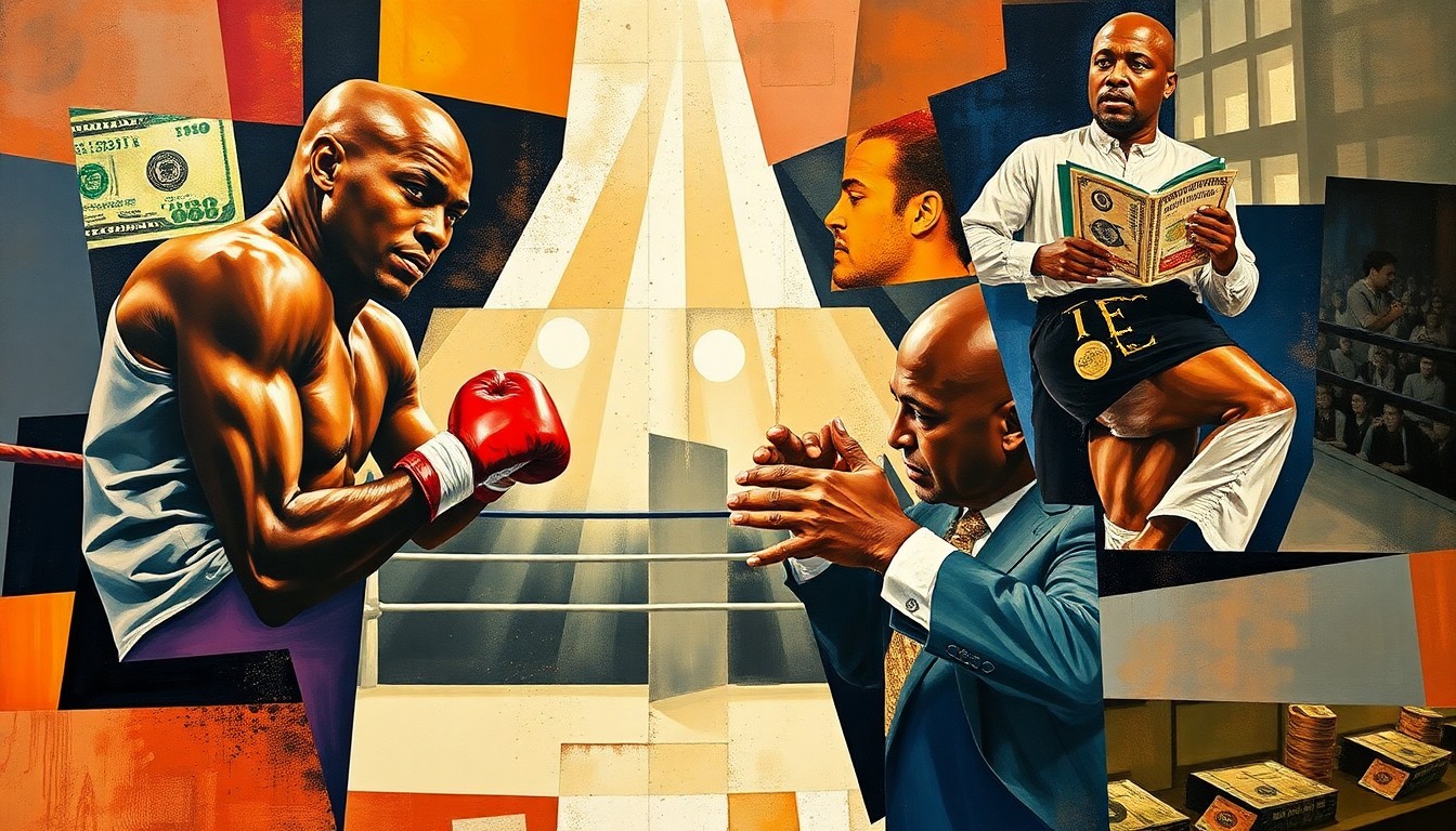 A fragmented, geometric painting depicting the boxing ring, financial documents, and shadowy figures in an abstract, cubist style, representing the intricate legal battle between Mayweather and Showtime.